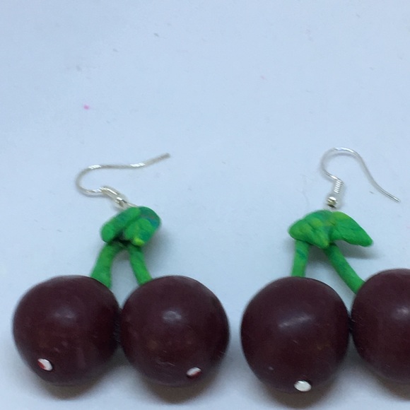 Unique Handmade Polymer Clay Cherry drop Earrings - Picture 4 of 4